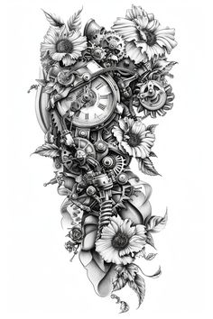 a drawing of a clock with flowers and gears on the face, in black and white