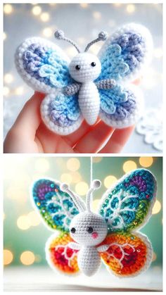 crocheted butterfly ornament in two different colors