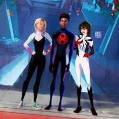 three cartoon characters standing next to each other in front of a blue and red background