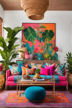 a living room with colorful couches and potted plants