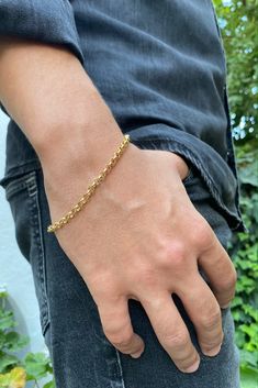 This bracelet is 3 gr high quality 14K Solid Gold. It's a perfect everyday bracelet for men adds style to every outfit! It also fits well with suit up wear. We have also Sterling Silver and 14k Gold Vermeil option, you can choose from the material options section. Bracelet length is 205mm, thickness is 3mm. We can provide your bracelet longer or shorter. We can also produce it in 14K White Gold as special order. Please contact with us via Etsy Message for color and size options. 14K Solid Gold b Minimalist Gold Bracelet Men, Everyday Charm Bracelet With Rolo Chain, Minimalist Link Bracelets With Rolo Chain, Minimalist Link Bracelet With Rolo Chain, Minimalist Everyday Bracelet With Rolo Chain, Minimalist Rolo Chain Link Bracelet, Modern Everyday Rolo Chain Bracelet, Sterling Silver Rolo Chain Bracelet For Everyday, Everyday Gold Link Bracelet With Rolo Chain