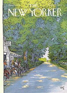 the new yorker magazine cover with bicycles parked on the street and trees lining the road