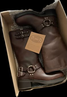 Bronx Boots Outfit, Leather Buckle Boots, Brown Steve Madden Boots Outfits, Boot Aesthetic Outfit, Vintage Boots Aesthetic, 2023 Fall Boots, Aesthetic Heels Vintage, Brown Biker Boots Outfit, Christmas Wishlist Ideas Women