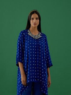 Royal Blue Ghungroo Embellished Bandhani Modal Satin Tunic By 5 Elements now available at Trendroots Indigo Kurta For Navratri, Indigo Kurta For Navratri Festive Season, Indigo Festive Kurta For Navratri, Festive Indigo Kurta For Navratri, Bollywood Style Festive Indigo Kurta, Festive Bollywood Style Indigo Kurta, Transitional Blue Sharara With Mirror Work, Royal Blue Designer Sharara, Blue Traditional Kurta With Gota Work