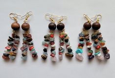 Multi colored stone beaded earrings with stained wood bead. Choose from Walnut, Oak, or Maple stained. Wooden Beads Round Beaded Earrings As Gift, Multicolor Beaded Earrings With Natural Stones, Brown Wooden Beads Beaded Earrings As A Gift, Brown Beaded Earrings With Wooden Beads For Gift, Gift Brown Beaded Earrings With Wooden Beads, Brown Wooden Beaded Earrings As Gift, Multicolor Wooden Beaded Earrings As A Gift, Gift Wooden Beaded Round Earrings, Brown Earrings With Natural Stones And Round Beads