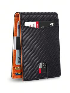 Orange Casual,Fashionable Collar  Microfiber Leather Plain RFID,Classic Card Holder,ID Card Holder Embellished   Wallets & Cardholders Wallets Minimalist, Minimalist Tips, Carbon Fiber Wallet, Slim Wallet Men, Shein Men, Wallet Insert, Leather Money Clips, Wallet Organization, Minimalist Wallet