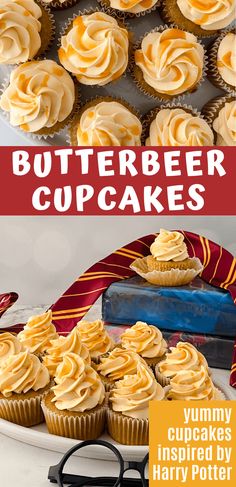 a plate with cupcakes on it and the words butterbeeer cupcakes below