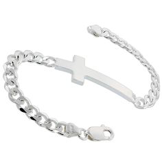 Curb bracelet measuring 5mm (1/4 inch) wide accented with a beautifully polished cross measuring 14mm (9/16 inch) wide and 38mm (1 1/2 inch) long. Ideal symbolism of faith and devotion. Comes in 7 and 8 inches long. - This Beautiful Cross Bracelet is Very Nice Solid and Substantisl Feeling and fits in 8 inch Wrist Sizes - Beautiful Simple Elegant Design Excellent Quality Italian Workmanship - Solid sterling silver with solid weight and Feel Jewelry Information Metal stamp :925 Sterling Metal: St Silver Cross Bracelet, Spiritual Style, Spiritual Silver Cross Bracelet, Cross Bracelet For Men, Mens Silver Jewelry, Beautiful Cross, Diamond Bar, Cross Bracelet, Bracelet For Men, Simple Elegant