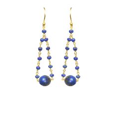 Lapis lazuli.  14kt gold-filled wire wrapping.  14kt vermeil, gold over sterling silver earrings.  2 1/4 inch total drop length. Gold Lapis Lazuli Pierced Jewelry, Gold Lapis Lazuli Drop Earrings, Gold Lapis Lazuli Jewelry, Gold Lapis Lazuli Nickel-free Earrings, Nickel-free Gold Lapis Lazuli Earrings, Elegant Lapis Lazuli Wire Wrapped Earrings, Elegant Wire Wrapped Lapis Lazuli Earrings, Wire Wrapped Lapis Lazuli Dangle Earrings, Yellow Gold Wire Wrapped Long Drop Earrings