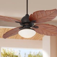 a ceiling fan that has leaves on it