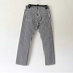 100% Cotton Straight-Leg Pants Made In Japan. Ultra-Mod Black/Navy And White Striped Pants. One Pinhead-Sized Spot On Left Thigh (See Photos), Otherwise Like New. Eu Size 38. Lie-Flat Measurements Waist 16” Rise 9.5” Inseam 28.5” Black & White, Striped Pants, Spot On, Straight Leg Pants, Black And Navy, Made In Japan, Leg Pants, Navy And White, Pant Jumpsuit