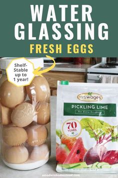 a glass jar filled with fresh eggs sitting on top of a counter next to a bag of water