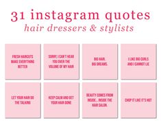 pink squares with the words 31 instagramm quotes for hair dressers and stylists