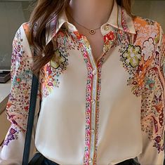 Beautiful Apricot Colored Flower Print Blouse Is Very Lightweight And Great To Wear Anywhere. Blouse Has A Button Down Front And A Collar With Button Sleeves This Is A Must Have For Spring Or Autumn .The Wearing Style Is Slim To A Regular Fit Size Up For Looser Fit Material Is A Synthetic Blend. Print Shirts Women, Satin Shirts, Flower Print Shirt, Flower Print Blouse, Satin Bluse, Floral Print Blouses, Women Shirts Blouse, Flower Fashion, Long Blouse