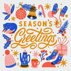 the words season's greetings are surrounded by christmas decorations and other holiday items