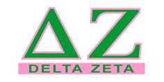 the delta zeta logo is pink and green