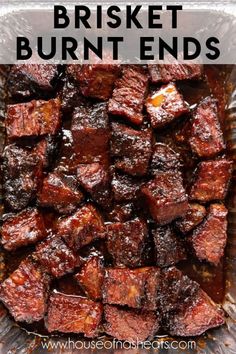 a glass dish filled with barbecued burnt ends and text overlay that reads, how to make brisket burnt ends