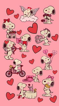 snoopy love stickers are arranged on a pink background with hearts and clouds in the sky