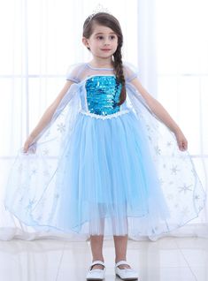 Silhouette:a-lineHemline:tea lengthNeckline:scoopFabric:tulleShown Color:blueSleeve Style:cap sleeveBack Style:zipper upEmbellishment:sequins Ice Queen Dress, Princess Dress Costume, Princess Costumes For Girls, Princess Elsa Dress, Frozen Dress, Frozen Costume, Queen Princess, Kids Party Dresses, Princess Costume