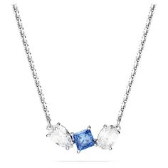 This elegant Mesmera pendant delivers exquisite refinement through its bold mix of cuts and color. Worn on a delicate chain, the rhodium plated design features a trio of prong-set Swarovski Zirconia in varying shapes with a radiant blue central stone. A wondrous gift that will accentuate any style. Plate Necklace, Blue Pendant, Pierced Jewelry, Delicate Chain, Swarovski Jewelry, Blue Necklace, Accessories Jewelry Necklace, Adjustable Necklace, Polish Jewelry