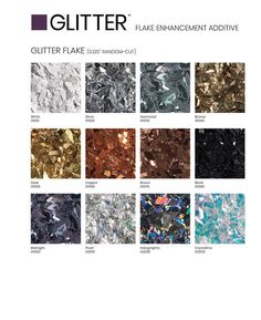 the color chart for glitter flakee and other metallic flakes are shown in different colors