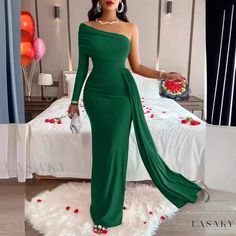 Lasaky - Chic Solid Color Off-Shoulder Waist-Cinching Maxi Dress Green One-shoulder Maxi Dress For Banquet, Green Ruched Off-shoulder Maxi Dress, Green Off-shoulder Maxi Dress For Banquet, Green Off-shoulder Maxi Dress For Banquets, Irregular Skirt, Long Skirt Fashion, Red Lotus, Asymmetric Skirt, Woman Suit Fashion