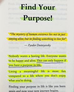 an open book with the words find your purpose written in green and yellow on it