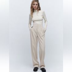 Zara Pleated Menswear Style Pants Basic And Beautiful Zara Pants With Welt Pockets For Business Casual, Zara Classic Straight Dress Pants, Classic Fall Work Pants, Casual Tailored Pants From Zara, Zara Tailored Casual Pants, Casual Wide Leg Business Trousers, Classic Zara Bottoms For Business Casual, Zara Classic Dress Pants For Business Casual, Zara Classic Business Casual Dress Pants