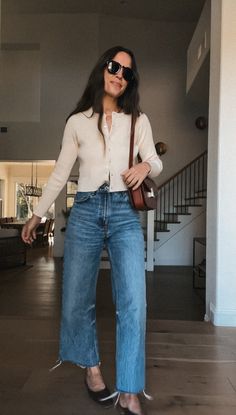 3 Effortless-Chic Looks with Sézane | Natalie Borton Sezane Spring 2024, Light Straight Leg Jeans Outfit, Classic Outfits Midsize, Dark Denim Wide Leg Jeans Outfit, Cropped Jeans Fall Outfit, Styling Cropped Jeans, Cute Casual Date Night Outfits, What To Wear To Comedy Show, Nobody Wants This Netflix Outfits