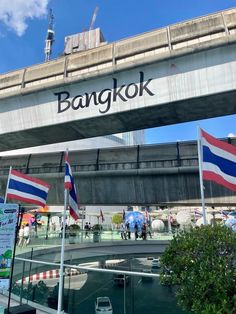 people walking under a bridge with flags flying in the foreground and an overpass above them