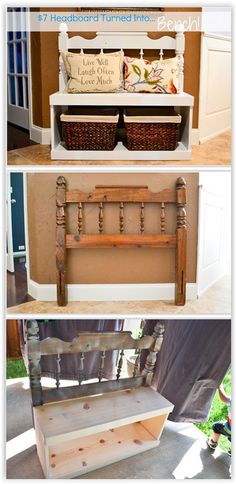 three different pictures of the same bench and storage area in front of a house with text overlay that reads, 7 handmade furniture pieces from wood