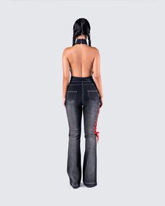 Dirty girls do it better 😜 Get ready to get a little feral in this two-piece set. Featuring a black halter bodysuit, and black low-rise denim pants for a fit that will be able to match your unhinged energy 💋 Black Stretch Punk Jeans, High Waist Jeans For Concert, Black Halter Neck Bottoms For Night Out, Fitted High Waist Jeans For Club, Black Denim Jeans For Night Out, Edgy Stretch Halter Top For Night Out, Edgy Stretch Flare Jeans, Trendy High Waist Jeans For Club, Fitted Black Y2k Halter Top