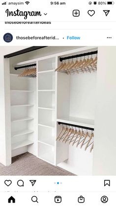 a white closet with shelves and clothes hanging on the hooks, in front of an instagram page