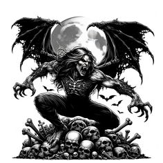 a black and white drawing of a demon surrounded by skulls