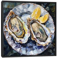 two oysters on a plate with lemon slices