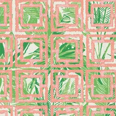 a green and pink wallpaper with square, squares and palm leaves on the side