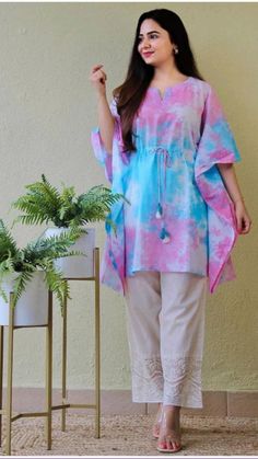 *launching Beautiful 🧡💜 kaftan*  *🧡Beautiful 2 Colours💜*  Serving you some glam topped with loads of comfort! This just-😘  • launched tie and dye co-ord set is what happiness is made of.  • From meeting mornings to cafe evenings to cards night, this set  • is just perfect for all 😍  Premium Slub Febric with printing   • With pent and havvy lace on pent  • 😘😘😘😘😘😘😘  • *S To 5xl available*  • Size :- S (36)  • M (38)  • L. (40)  • Xl (42)  • Xxl (44)  • Xxxl. (46)  • Xxxxl (48)  *Price :- 899/-+Shipping*  💗💗💗💗💗💗  • Ready to ship 🚢  • Maltipal pics available Wacky Outfits, Fashion Show Dresses, Kaftan Designs, Trendy Shirt Designs, Kids Dress Wear, Stylish Short Dresses, Fashion Top Outfits, Indian Wedding Photos