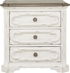 an old white dresser with two drawers and one drawer open on the bottom, in front of a white background