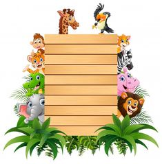 cartoon wild animals with blank sign in the jungle