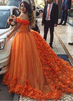 Unique Off-shoulder Puffy Orange Wedding Dresses with Handmade Flowers Ball Gown Wedding Dress Lace Up Back Princess Wedding Gowns sold by Cherishwedding on Storenvy Off Shoulder Prom Dresses, Orange Dress Wedding, Orange Prom Dresses, Dresses Birthday, Dresses Pageant, Princess Wedding Gown, Pageant Gown, Gold Wedding Dress, Contrast Dress