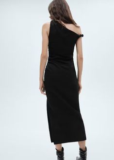 Asymmetrical dress with gathered details - Women | MANGO USA Asymmetrical Neckline, Suit Vest, Asymmetrical Design, Asymmetrical Dress, Wide Straps, Off Shoulder, Shopping Outfit, Portugal, Mango