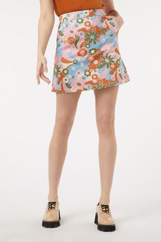 Retro printed drill mini skirt - a gorgeous psychedelic floral brimming with cool retro vibes - crafted of a mid weight cotton drill fabric - highwaisted a-line fit - side pockets - length finishes above the knee - button and hidden zipper on the centre back - available in blue Product Code: PGFU203109 Floral Print Mini Skort, Summer Multicolor Floral Print Skort, Retro Floral Print Mini Skirt For Spring, Retro Cotton Mini Skirt For Spring, Retro Floral Print Mini Skirt, Retro Mini Skirt With Floral Print, Printed Mini Skirt For Spring, Trendy Floral Print Short Skirt, Trendy Short Floral Print Skirt