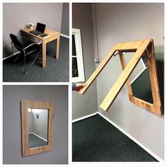 four different angles of a desk and mirror