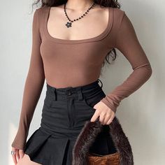 Basics Round Neck Bodysuit – Pellucid Fitted Scoop Neck Bodysuit For Fall, Fitted Brown Long Sleeve Bodysuit, Brown Fitted Long Sleeve Bodysuit, Fitted Brown Bodysuit For Fall, Fitted Brown Casual Bodysuit, Casual Fitted Brown Bodysuit, Casual Brown Fitted Bodysuit, Trendy Fitted Brown Bodysuit, Chic Brown Fitted Bodysuit