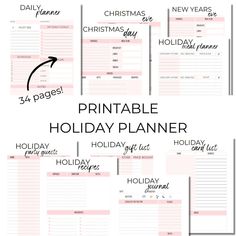 the printable holiday planner is shown in pink and black with text overlaying it