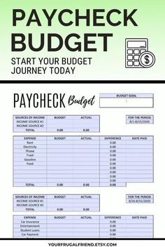 the paycheck budget sheet is shown in black and white, with green background