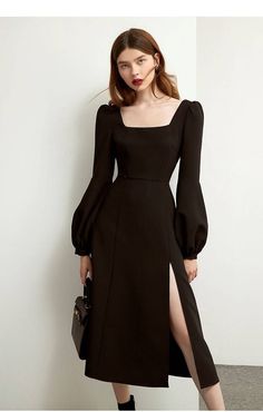 Elegant Vintage Black Retro Long Sleeve Split Midi Chiffon Dress | Uniqistic.com Black Dress For Concert, Formal Chiffon Dress With Square Neck, Formal Square Neck Chiffon Dress, Elegant Chiffon Dress With Square Neck, Chic Formal Midi Chiffon Dress, Chic Fitted Midi-length Chiffon Dress, Chic Fitted Chiffon Midi Dress, Chic Midi Length Chiffon Evening Dress, Chic Solid Dresses With Lantern Sleeves