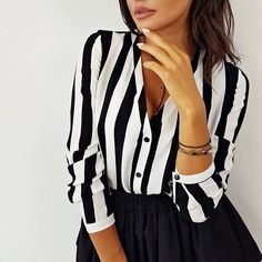 Portrait of a picture displaying Women's Striped Shirt product. Ladies Office, Striped Shirt Women, Fashion Tops Blouse, Casual Stripes, Women Blouses, Elegant Shirt, Grunge Style, Casual Blouse, Striped Blouse