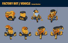 an image of some cartoon characters in different positions and sizes, with the text factory bot vehicle