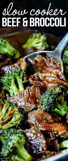 beef and broccoli is being cooked in a skillet with a serving spoon